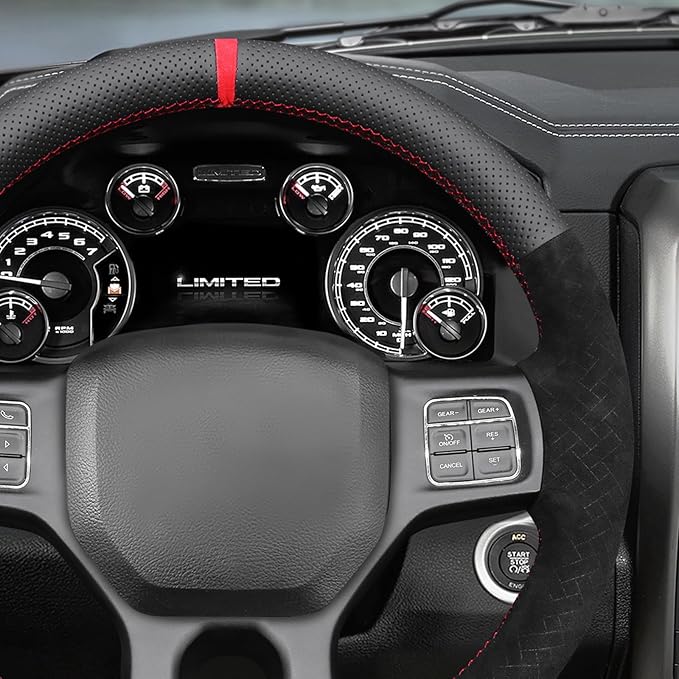 MEWANT Hand Stitch Black Real Leather Embossed Athsuede Steering Wheel Cover for Dodge RAM 1500 2012-2018 1500 Classic