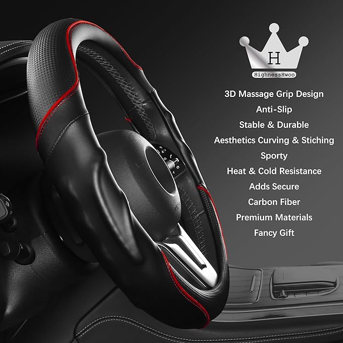 HighnessHwoo 3D Car Steering Wheel Cover Comfort Grip Massage Sporty Anti-Slip Carbon Fiber Faux Leather for F150, Trucks, Jeep, Van, Car Handle Covers for All Seasons, 15.2-16in, Red