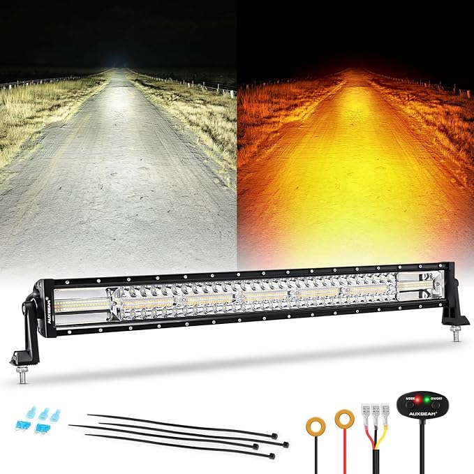 Auxbeam 6 Modes Amber White Series 30-Inch LED Light Bar for Car Truck Jeep | Dual-color strobe light, Spot flood combo beam, Emergency warning flashing light, Off-roading light, 180W high brightness