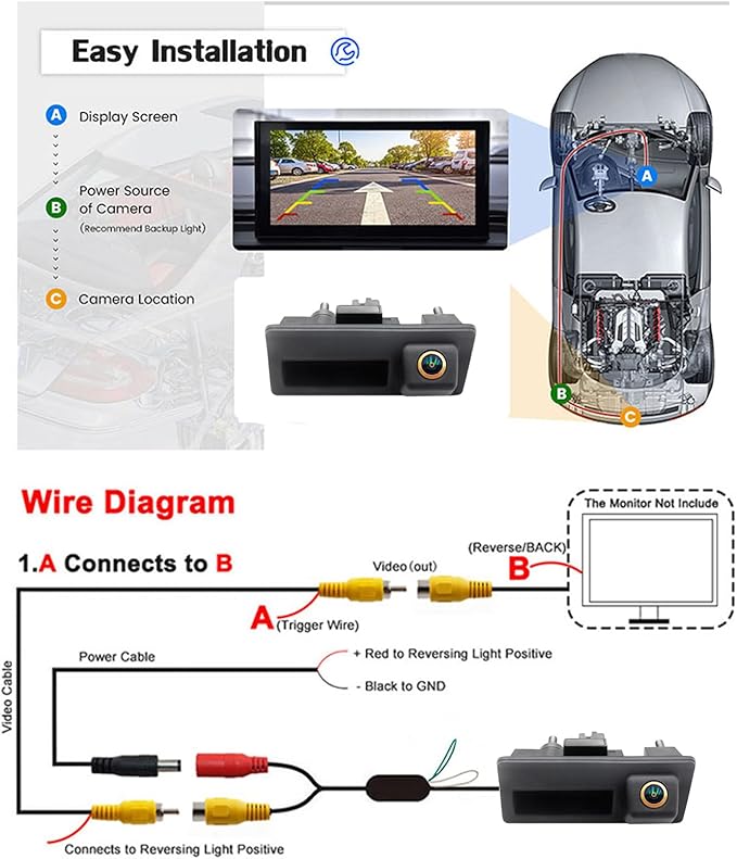 Vehicle Backup Camera CCD Compatible for Audi A4 A4L A3 S4 RS4 B9 for VW Lavida Plus Skoda Car Rear View AHD 1080P Camera Reverse Parking Golden Fisheye Lens Waterproof Cam Car Trunk Handle Camera