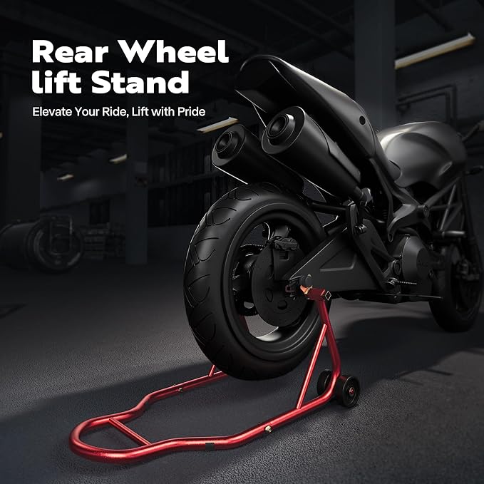 SPECSTAR Motorcycle Stand, 441 Lbs Capacity Rear Wheel Lift with U+L Adjustable Swingarm Spool, Heavy Duty Paddock Stand fit for BMW Suzuki Yamaha Honda Kawasaki, Red