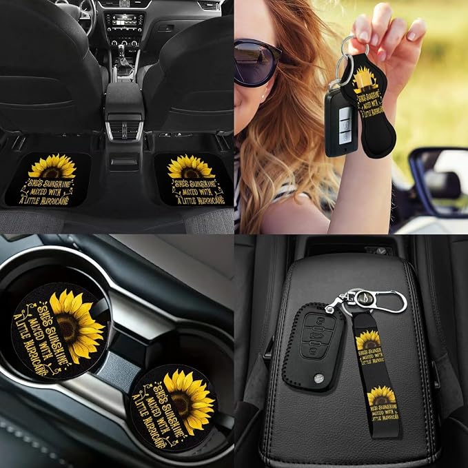 She's Sunshine Sunflower Car Seat Covers Full Sets of 17 Pcs Sunflower Car Accessories Set with Front and Split Rear She's Sunshine Car Floor Mats Seat Belt Cover Pad Universal Fit Car SUV