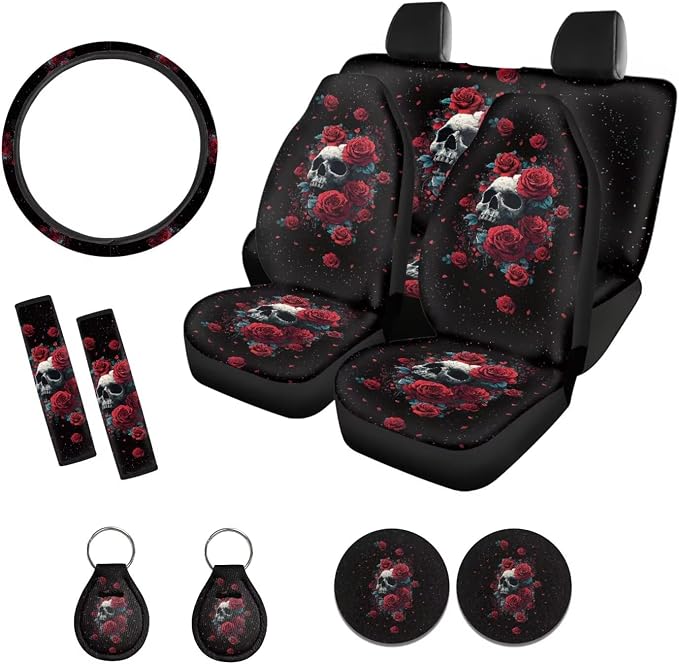 Suobstales Rose Skull Print Car Seat Cover for Women Full Set SUV Interior Accessories Front/Back Bench Bucket Seat Cover, Steering Wheel Cover, Seat Belt Cover, Cup Holder Coasters, Keychain