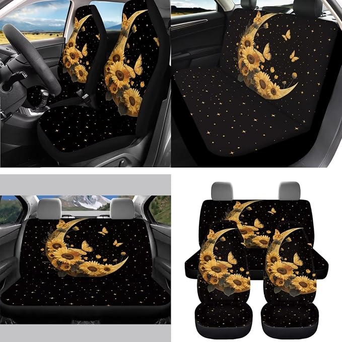 Gold Moon Sunflower Butterfly Car Seat Covers Full Set 15 Pcs Universal Car Accessories Steering Wheel Cover Seat Belt Pads Garbage Bag Car Headrest Pillow Covers Armrest Pad