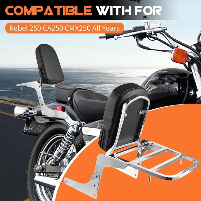 Compatible Motorcycle Sissy Bar Backrest + Luggage Rack Pad Compatible for Honda CA250 Rebel 250 CMX250 Heavt-Duty Silver