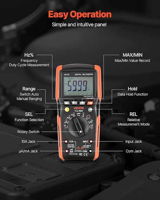 VEVOR Digital Multimeter, 6000-Count TRMS DC/AC Voltmeter Current Tester, Auto-Ranging Multimeter for Current Voltage Resistance Capacitance Temperature Diodes Continuity Low Impedance Measurment