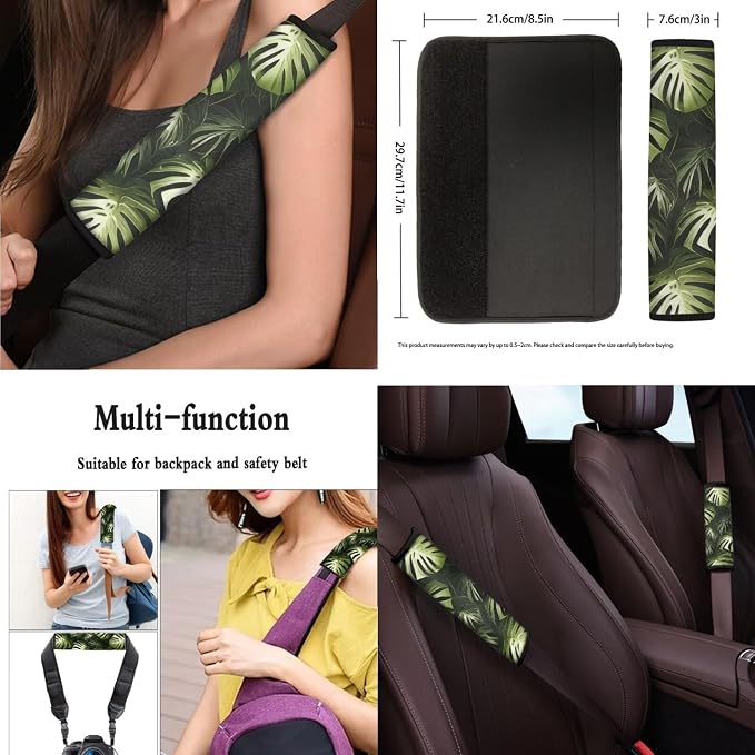 Monstera 13 Pcs Car Seat Covers Full Set, 3D Graphic Green Leaf Auto Front and Rear Bench Seat Protector, Tropital Plants Steering Wheel Sleeve Auto Armrest Cover