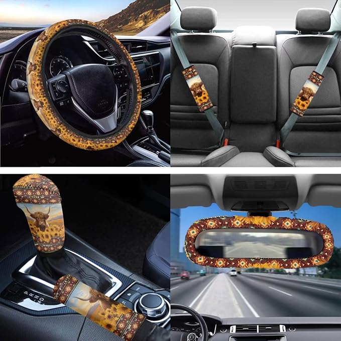 Sunflower Highland Cow Car Seat Covers Sets 14pcs,Sunflower Western Cow Auto Seat Protector Pad+Seatbelt+Steering Wheel+Car Coasters+ Interior Mirror Accessory+Cow Keychain for Women Men
