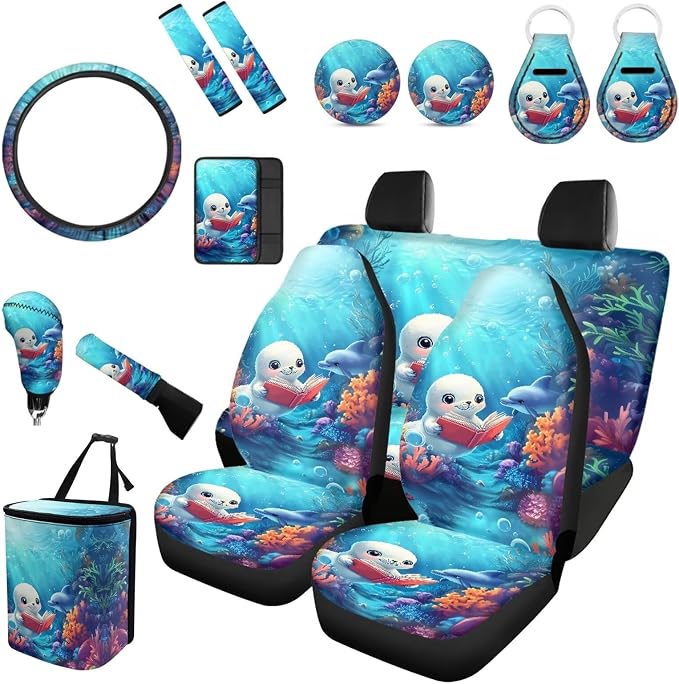 Forchrinse Underwater Sea Lion Car Seat Covers for Women 15Pcs Cartoon Auto Accessories Set with Butterfly Steering Wheel Cover,Shoulder Pad,Trash Can for Most Cars