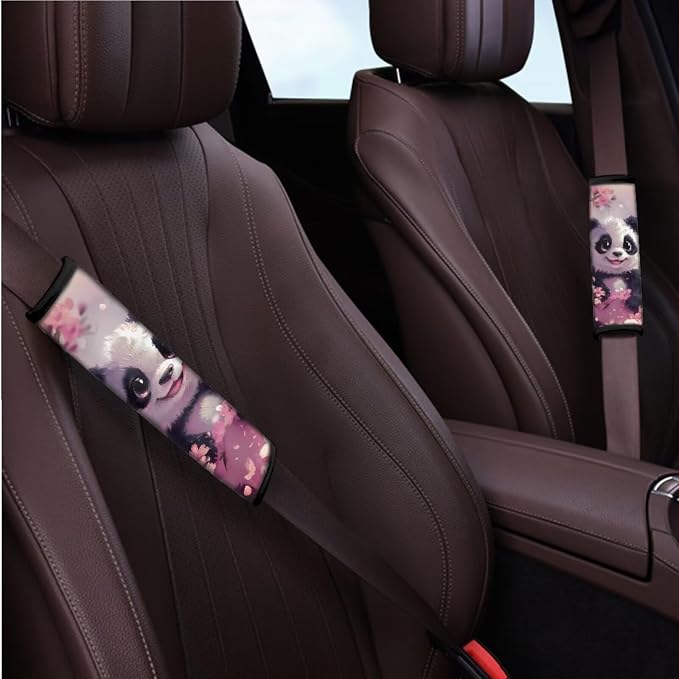 BIGCARJOB 12 Pack Cute Panda Print Car Seat Cover Set for Front and Rear Pink Auto Interior Accessories Full Set Lovely Panda Print Seat Belt Cover,Armrest Pads,Cup Holder Coaster