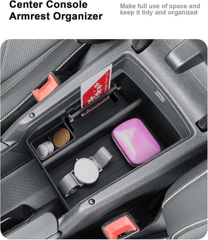 ECOZEN Center Console Organizer Set For 2025-2026 VW Tiguan - 3 Pcs Armrest Box Organizer + Center Console Organizer Tray + TPE Cup Holder Insert For 2025-2026 VW Tiguan Accessories - ABS Tray