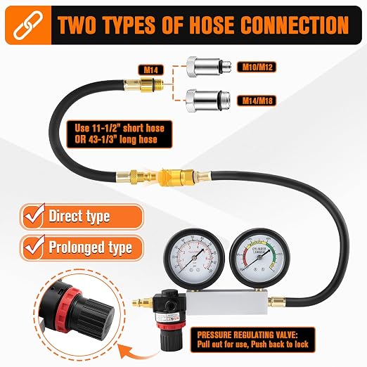 Cylinder Leak Down Tester Kit with Extension Rod for Gasoline Engines – Automotive Compression Leakage Tester for Cars, Trucks, Motorcycles, Pressure Check, Leakage Rate Test