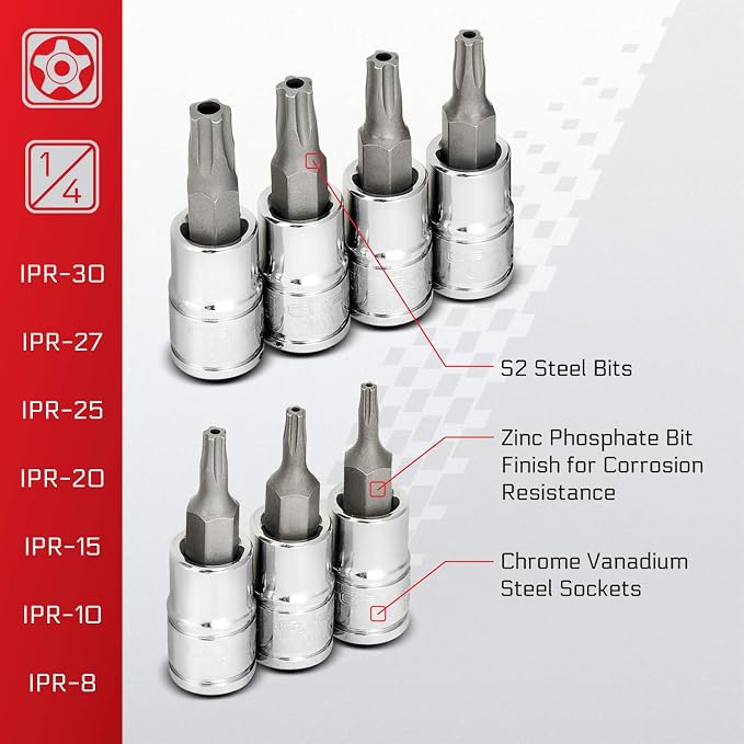 CARBYNE 13-Piece Tamper-Proof Torx Plus Bit Socket Set, 5 Lobe Security, TPR-8/IPR-8 to TPR-60/IPR-60, S2 Steel, CrV Sockets, 1/4 3/8 1/2 in. Drive, Genuine Licensed Torx