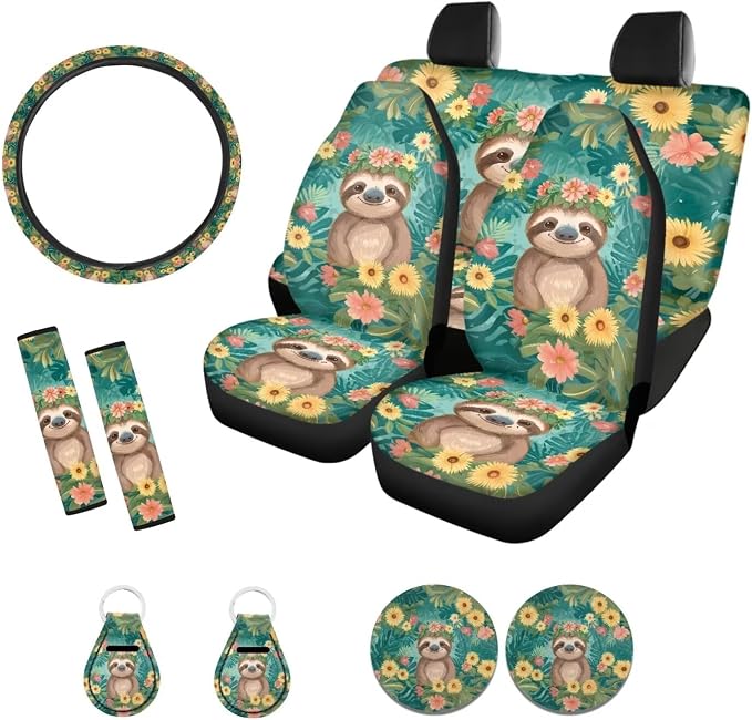 Suobstales Funny Sloth Print Car Seat Covers Full Set for Women Girly Floral Seat Cover Protector Auto Decorative with Steering Wheel Cover +Seat Belt Covers +Coasters +Keychains