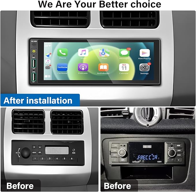 REAKOSOUND 6.9" Single Din Car Stereo with Apple CarPlay & Android Auto, Single Din Touchscreen Radio, Car Stereo with Bluetooth, Backup Camera, GPS Navigation, Mirror Link, FM/AM, EQ, USB, SWC, MIC
