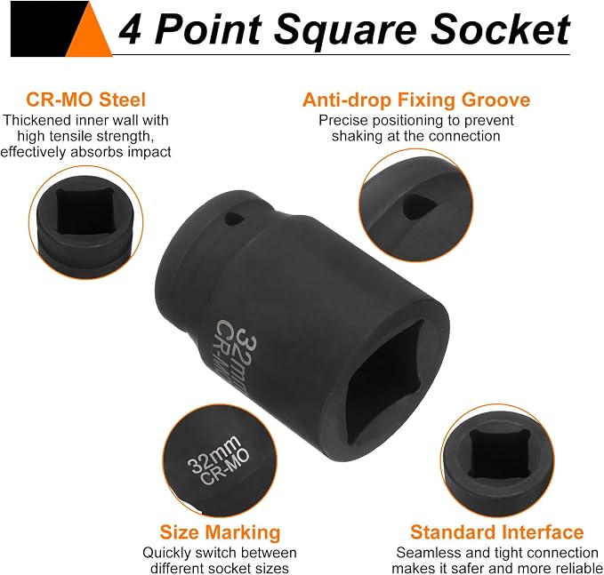 HARFINGTON 3pcs 4 Point Square Socket 1" Drive 32mm Metric CR-MO Phosphate Blackening Standard Wheel Impact Sockets for Auto Repair Mechanical Maintenance Home Install