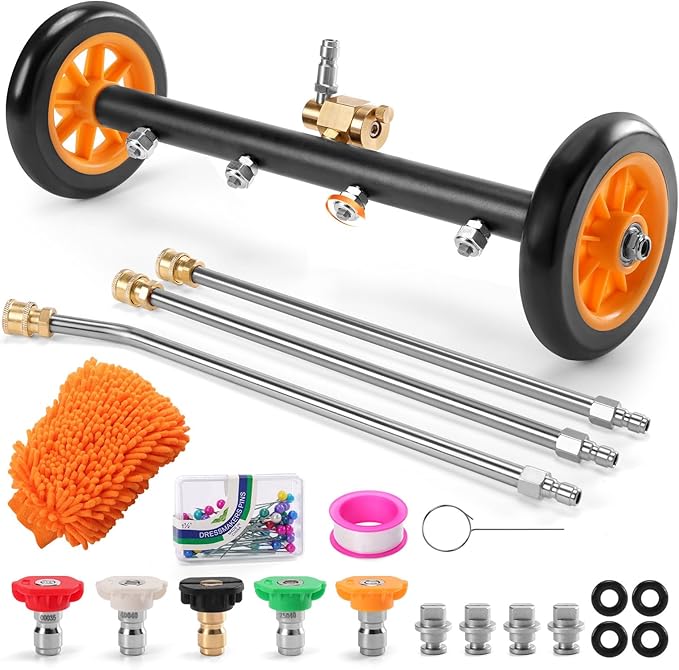 FIDISP Undercarriage Pressure Washer Cleaner, 16 INCH 2-in-1 Pressure Washer Broom with Extension Wand, Wash Mitt, 9 Nozzles, 4000 PSI Under Car Pressure Washer Attachment for Cars, Trucks