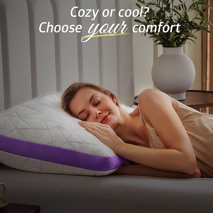 BETU Cooling Standard Pillow, Shredded Memory Foam Cool Pillow for Hot Sleepers, Adjustable Gel Firm Soft Support Bed Pillows Perfect for Neck Pain and Side Sleeping with Pillows Case Cover, Purple