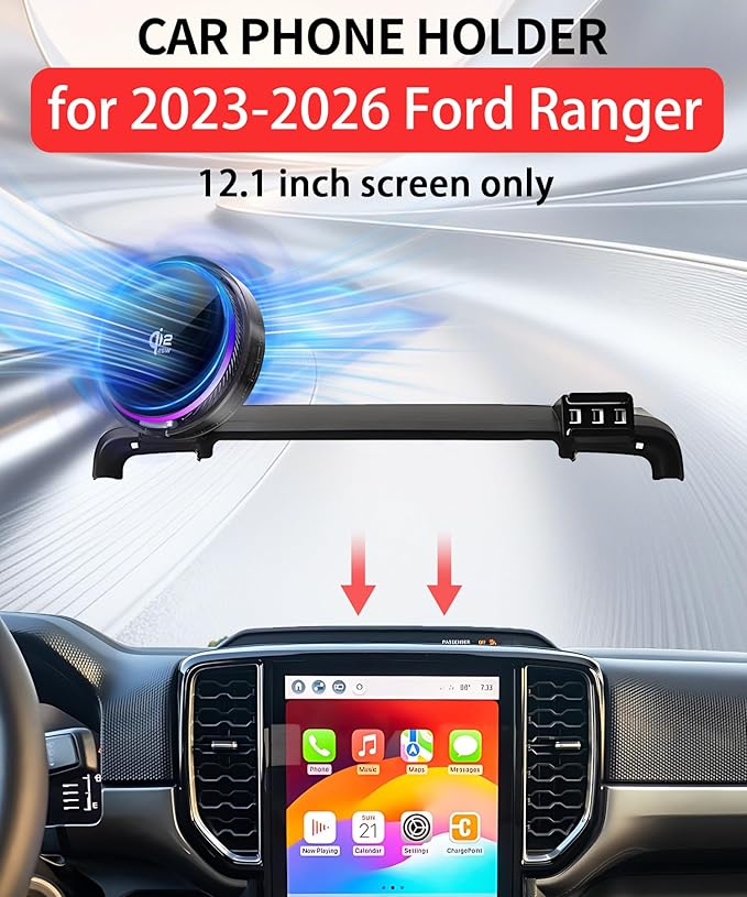 Qi2.2 25W Magnetic Car Mount Charger for Ford Ranger 2023 2024 2025 2026 Accessories, for Fast Charging Cell Phone Holder 12.1 Inch Screen Fixed Clip with Cooling Fan＆54W Fast Adapter
