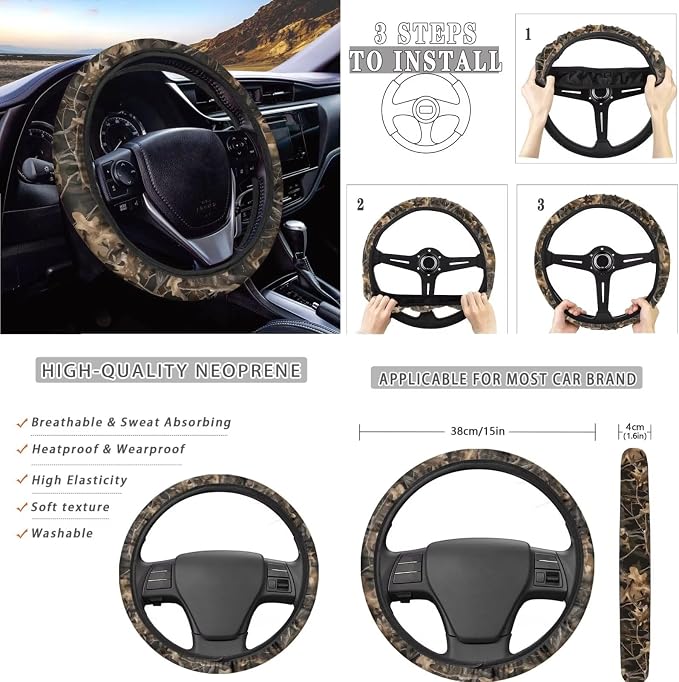 AFPANQZ Car Seat Covers Full Set 11 Packs with Branch Print Steering Wheel Cover + Safety Seat Belt Pads + Car Cup Holder Coaster + Handrake Cover + Gear Shift Knob Cushion