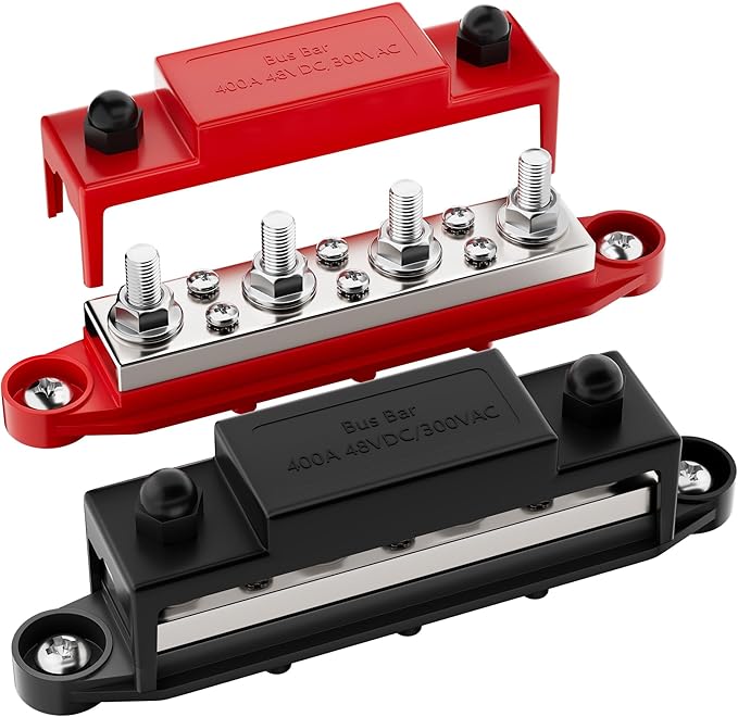 RVBOATPAT 400A Power Distribution Block 12V Bus Bar 4 x 5/16" (M8) Terminal Studs and 6 x #8 Terminal Screws 12 Volt Marine Bus Bar Positive & Negative