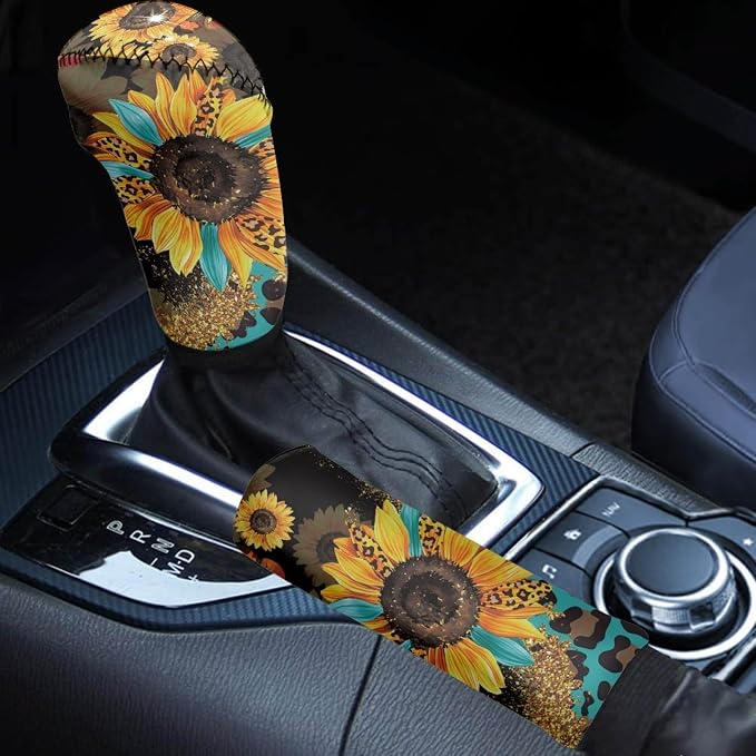 Wanyint Leopard Sunflower Print Car Seat Cover Split Covers for Women Men,Car Steering Wheel Cover Seatbelt Strap Shoulder Cover Coasters Armrest Pad Handbrake Cover Gear Shift Cover