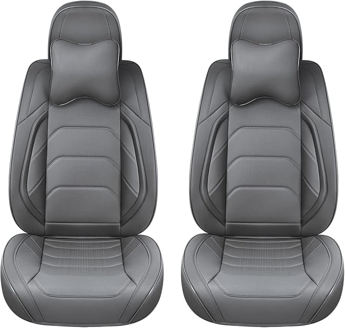 TIEHESYT Grey Car Seat Covers Front Pair, Breathable Leather Automotive Front Seat Covers & Headrest for Reduce The Driving Fatigue, Compatible with Most Cars Sedans SUV Pickup Trucks