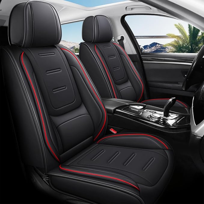 otoez Nappa Leather Car Seat Covers Full Set, Breathable Leather Automotive Seat Covers Front & Rear Seat Protectors with Lumbar Support, Universal Fit for Most 5 Seats Cars SUV Truck Sedan (Black)