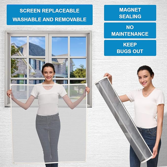 NeatiEase Magnetic Window Screen, Adjustable DIY Window Net Max 24” x 32” with White Window Frames Fiberglass Mesh
