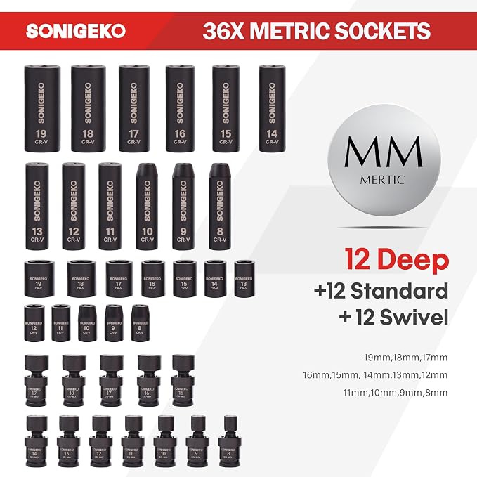 3/8" Drive Impact Socket Set, 67-Piece Standard Metric & SAE 6 Point CR-V Steel Sockets,Includes Extension Bars, 20-Piece Swivel Sockets, Universal Joint, Ratchet Handle and Adapter