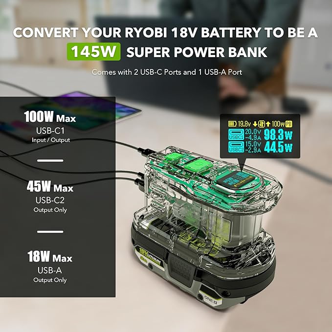 MYAKON 100W Fast Charger and 145W Portable Power Source for Ryobi 18V Battery, Intelligent Two Way USB-C Charger with OLED Display, LED Task Light, Battery Charging Station Compatible with Ryobi 18V