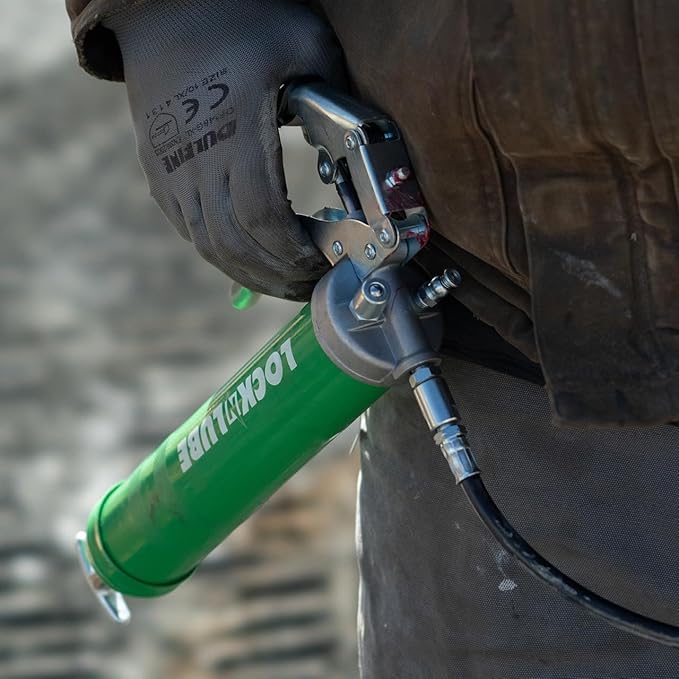 LockNLube Heavy-Duty Pistol Grip Grease Gun. Includes our patented LockNLube® Grease Coupler (Locks On, Stays On, Won't Leak!) plus a high-quality 20" hose and in-line hose swivel