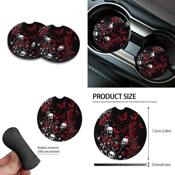 Skull Rose Pattern 10 Pcs Car Seat Covers Full Set Breathable Auto Seat Protector + Steering Wheel Cover + Air Vent Storage Bag + Trash Can + Coaster + Keychain