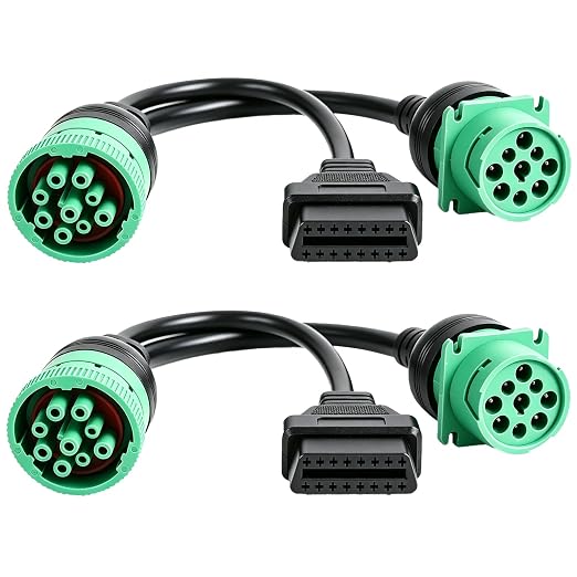 2 Pack Green Type 2 9 Pin J1939 Male to J1939 Female/16 Pin OBD2 Splitter Y Cable for Heavy Duty Truck