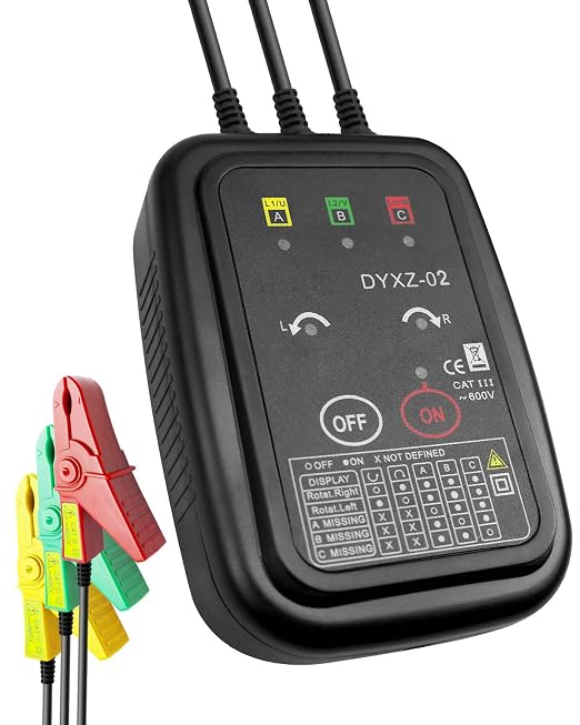 3 Phase Rotation Tester Non Contact Rotation Meter AC 70~600V | High Magnetic Induction Phase Sequence Detector with 22 Inch Clamp Lead, LED, Carrying Bag Auto Power Off Phase Meter