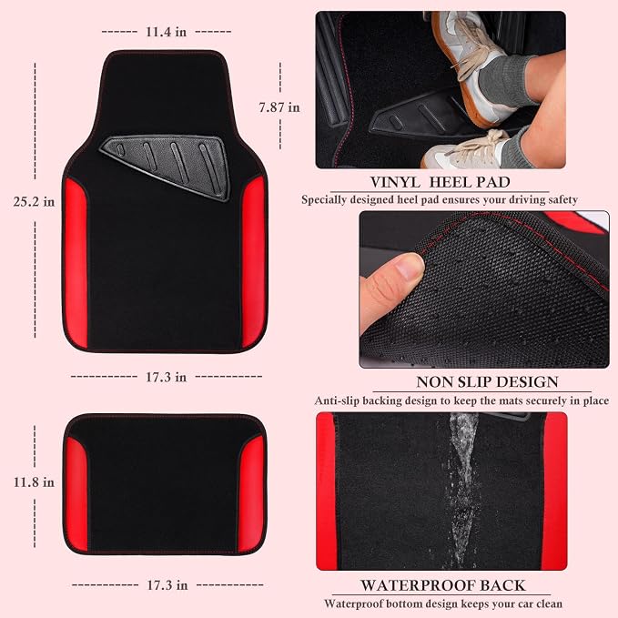 CAR PASS Faux Leather Car Seat Covers Full Sets, Steering Wheel Cover 14.5-15inch and Waterproof Car Floor Mats,Universal Fit SUV Sedan Van Truck, Automotive Car Interior Sets(Black＆Red)