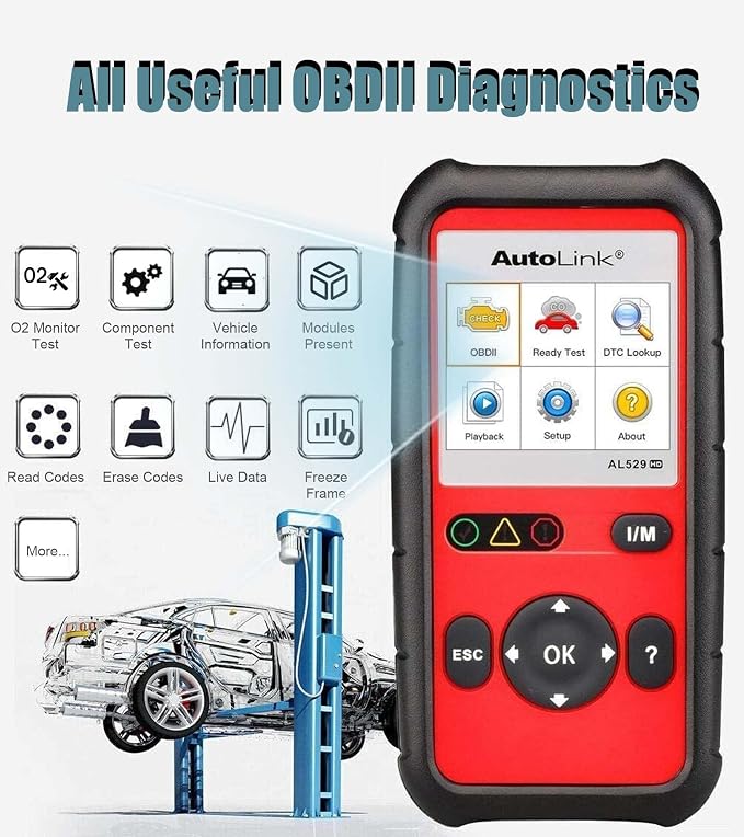 Autel AutoLink AL529HD Read/Erase Heavy Duty Engine DTCs Deutsch 9-Pin & 6-Pin Adapters One-Touch I/M Readiness/LED Indicator Support All 10 OBDII Test Modes Enhanced Mode 6 Diagnostics
