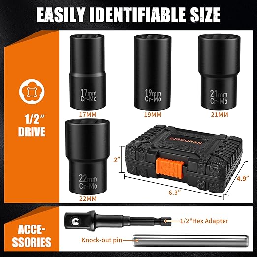 GIREORAN 6 Piece Wheel Lock Removal Kit, Lug Nut Remover, 1/2 Inch Drive Impact Bolt Extractor Socket Set for Removing Stripped, Damaged, Frozen, Rusted, Rounded-Off Bolts, Nuts