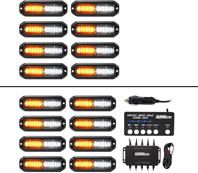 WINECO Amber White led strobe lights for trucks Emergency Strobe Lights Kits for construction Vehicles LED Surface Mount Grill Grille Light Flashing Warning lights With Digital Controller 12 LED