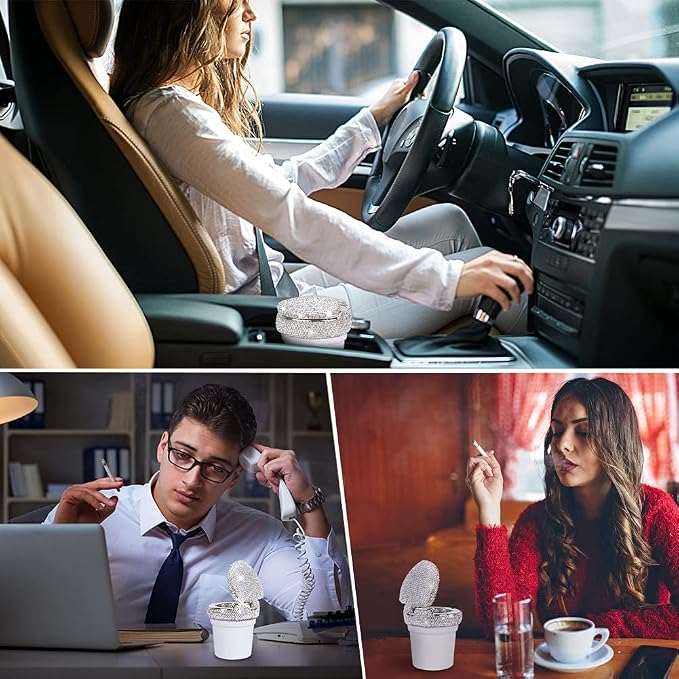eing Car Ashtray Portable Bling Cigarette Smokeless Cylinder Cup Holder with Blue LED Light Indicator,Car Accessories for Women,Ideal for Car,Home and Office,2 - Pack White
