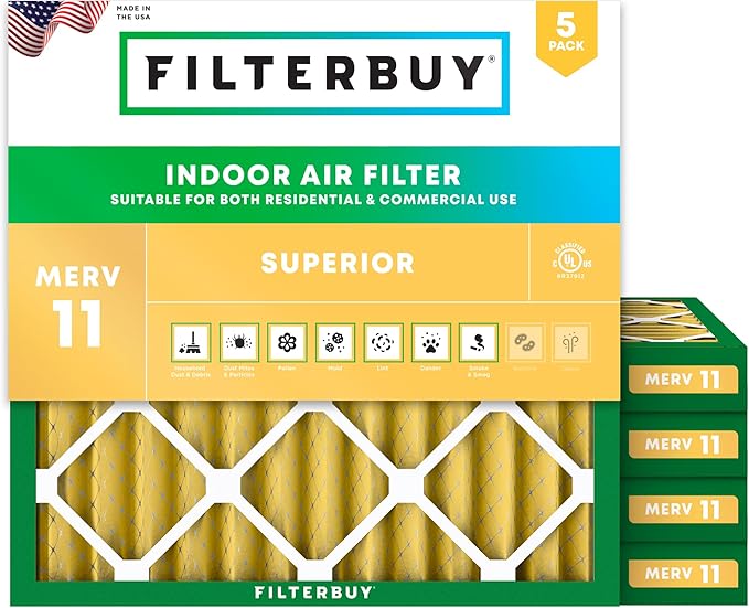 Filterbuy 12x12x2 Air Filter MERV 11 Superior Pet & Allergy Defense (5-Pack), Electrostatic Pleated HVAC AC Furnace Filters Replacement (Actual Size: 11.50 x 11.50 x 1.75)