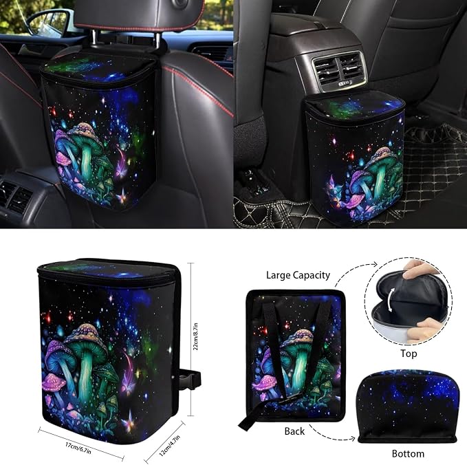 Novelty Mushroom Car Seat Covers Full Set for Women Cute Car Accessories Interior Car Steering Wheel Cover Seatbelt Covers Trash Bin Rear View Mirror Cover Cup Holders Keychain