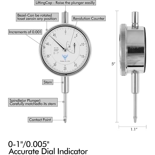 PEC Tools Precision Dial Indicator 0-1" Range, 0.0005" Resolution | Lug-On-Center Back