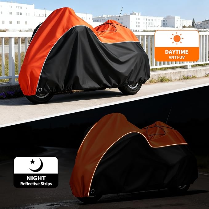 COVERVIN Trike Cover, Waterproof 3 Wheel Motorcycle Cover for Harley Honda Goldwing Freewheeler Tri Glide Ultra, with Antenna Opening, Windproof Buckles & Reflective Strips (Black&Orange)