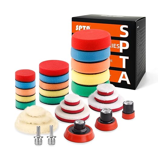SPTA 29pcs Drill Buffing Pad Detail Polishing Pad Mix Size Kit with 5/8-11 Thread Backing pad & Adapters for Car Sanding, Polishing, Waxing (29Pcs Mini Polishing Pad Set2)