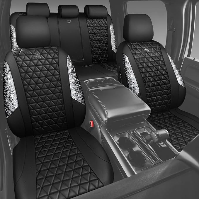 CAR PASS Bling Diamond Leather Car Seat Covers for 2 Front Interior Sets, Waterproof Shining Glitter Sparkly Crystal Universal Armrest Fit Automotive Truck SUV Cute Women Girl, Black Silver Rhinestone