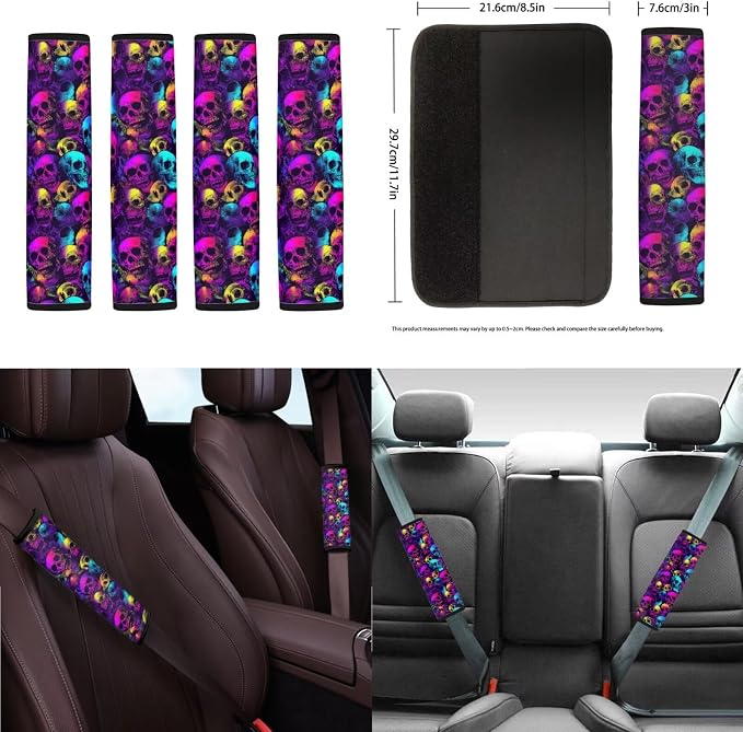 Skull Print Car Seat Cover for Front and Back Seats with Headrest Covers Steering Wheel Cover Safety Belt Pads Armrest Cushion Gear Shift Lever and Handbrake Covers Keychain