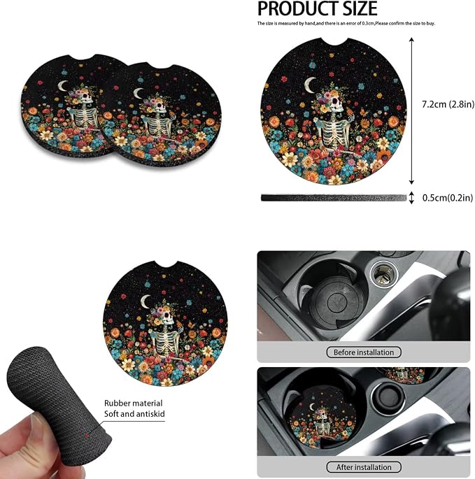 Howilath Hippie Flower Skull Auto Front Seats Protector Auto Accessories with Center Console Cover+Steering Wheel Cover+Seatbelt Pads+Keychain+Coasters Set of 10 Fit Most Vehicle