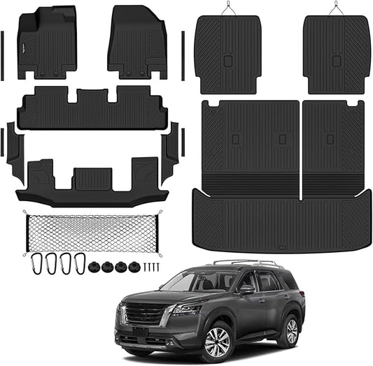 Tongama-Floor Mats for 2022-2026 Nissan Pathfinder 7 Seat with Bucket Seats, All Weather TPE Trunk Mat with Backrest Mat & 2nd Row Backrest Mats & Cargo Net & Full Coverage Door Sill Guards Kit