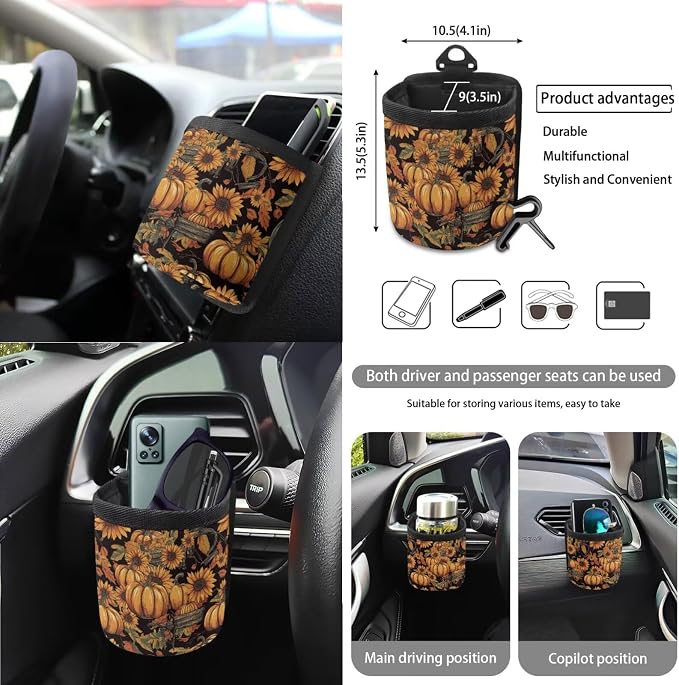 Pumpkin Sunflower Print Car Seat Covers Full Set Thanksgiving Decor Steering Wheel Cover Car Trash Can Keychain Seat Belt Pad Cup Coaster, Set of 15 for Autumn